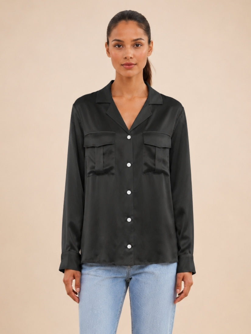 Olivia - Black Double Pocket Silk Blouse | The Silk Avenue