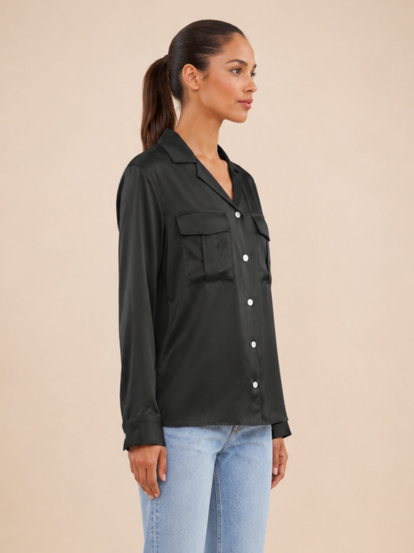 Olivia - Black Double Pocket Silk Blouse | The Silk Avenue