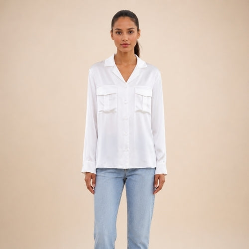 Olivia - White Double Pocket Silk Blouse | The Silk Avenue