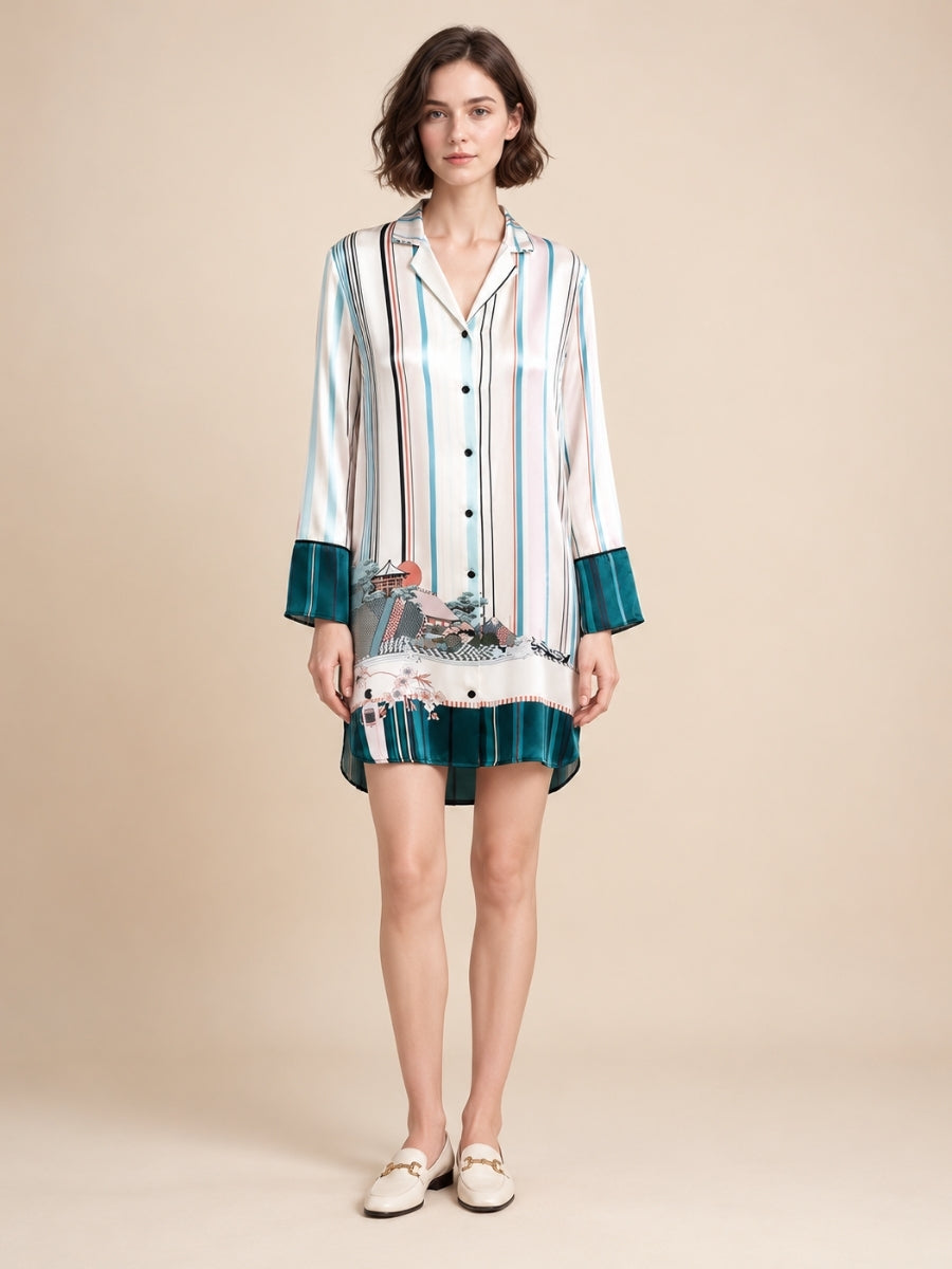 Olyssia - White Printed Silk Shirt Dress | The Silk Avenue