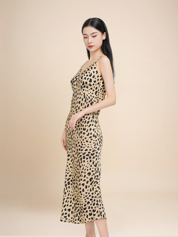 Oranya - Leopard Print V-Neck Silk Dress | The Silk Avenue