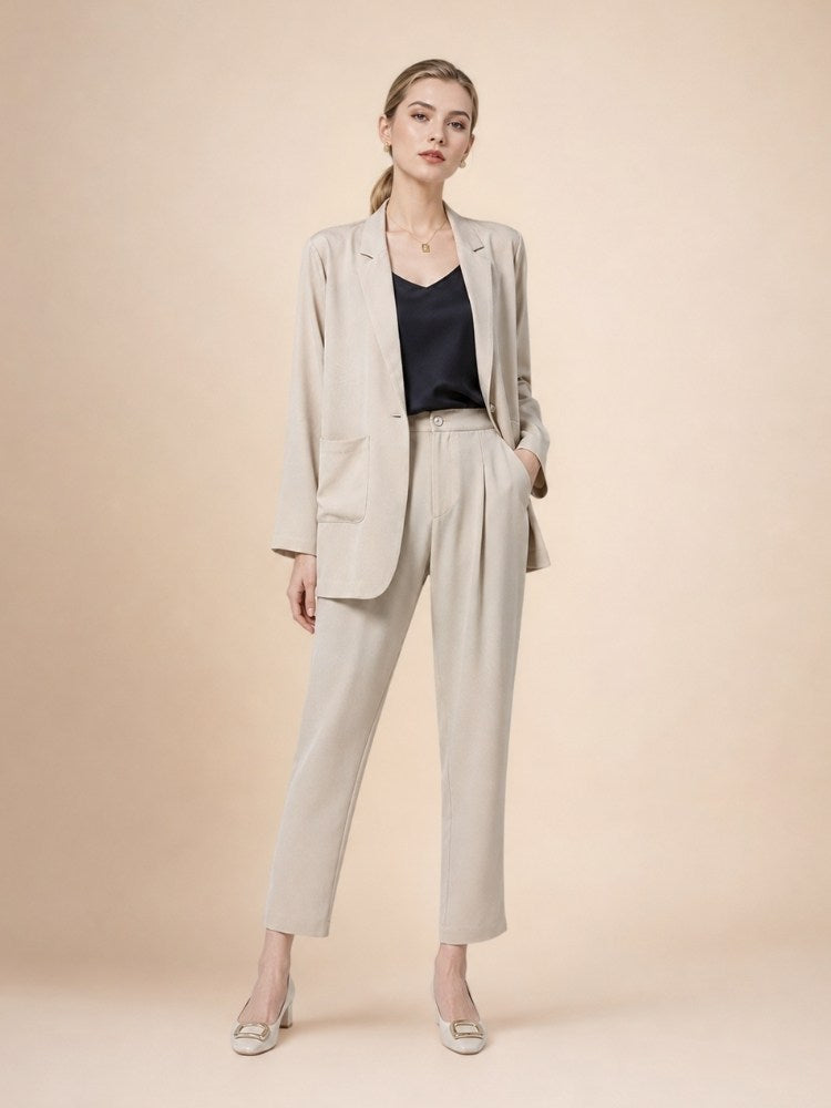 Oriessa - Light Gray Crepe Silk Blazer Suit Set | The Silk Avenue