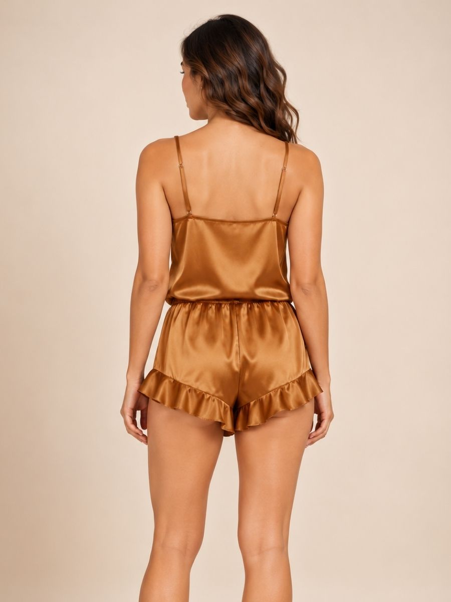 Pyrrisa - Gold Ruffle-Hem Silk Camisole & Shorts Set | The Silk Avenue