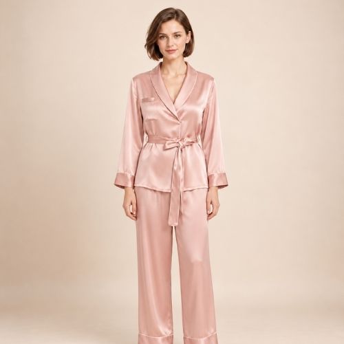 Quelina - Blush Pink Silk Kimono Robe & Pants Set | The Silk Avenue