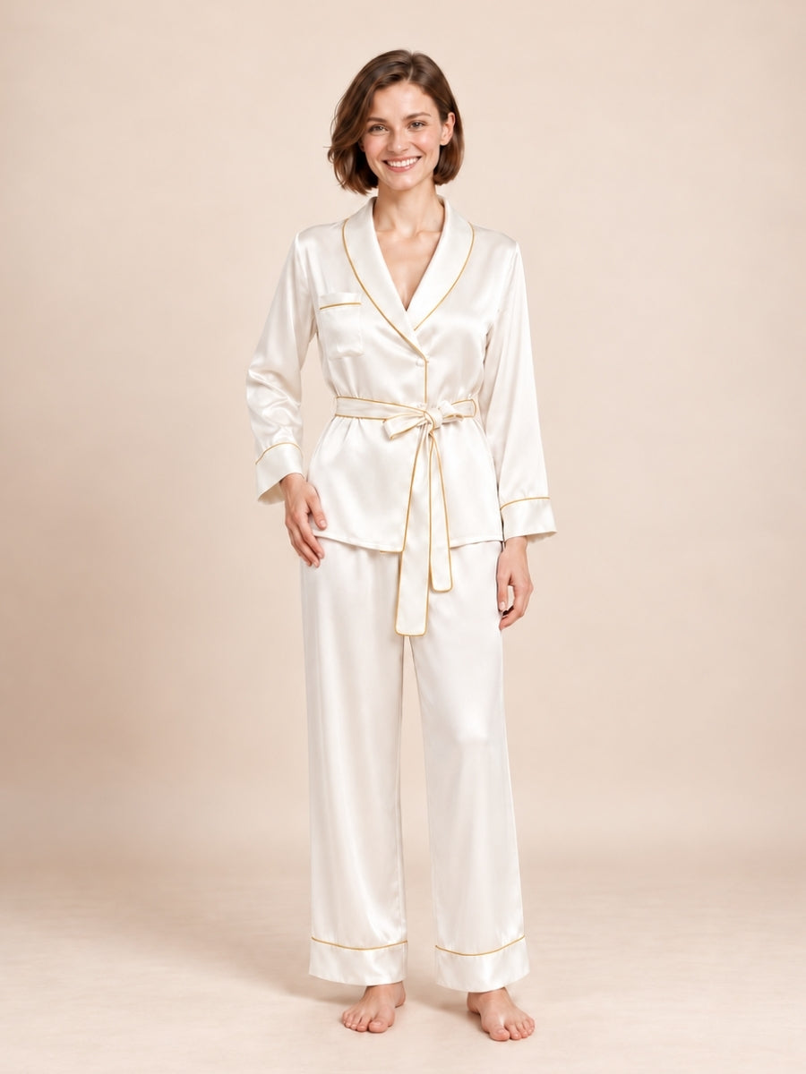 Quelina - Ivory Silk Kimono Robe & Pants Set | The Silk Avenue