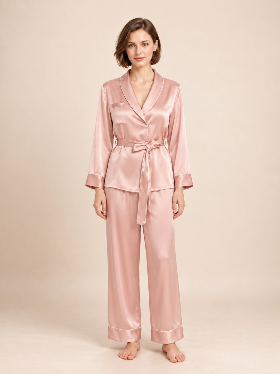 Quelina - Blush Pink Silk Kimono Robe & Pants Set | The Silk Avenue