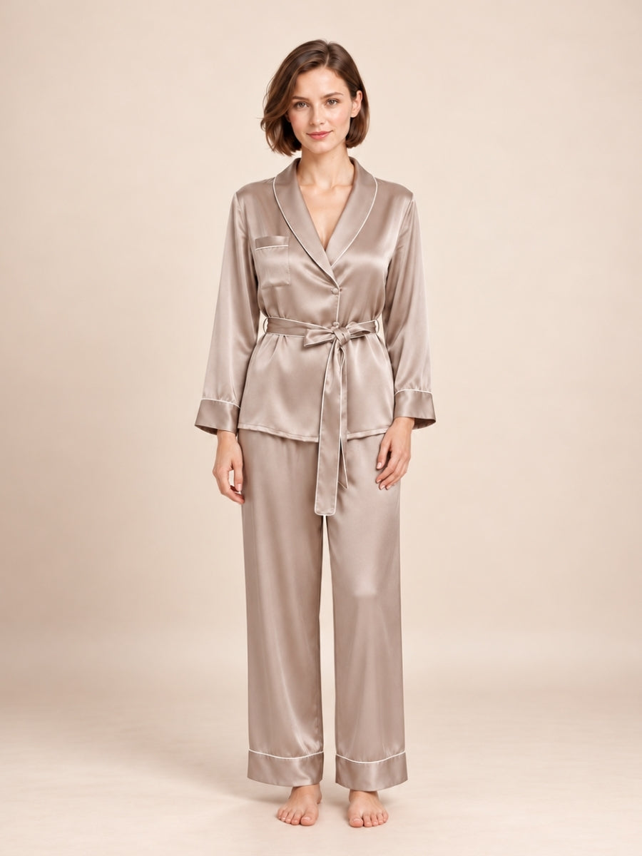 Quelina - Champagne Silk Kimono Robe & Pants Set | The Silk Avenue