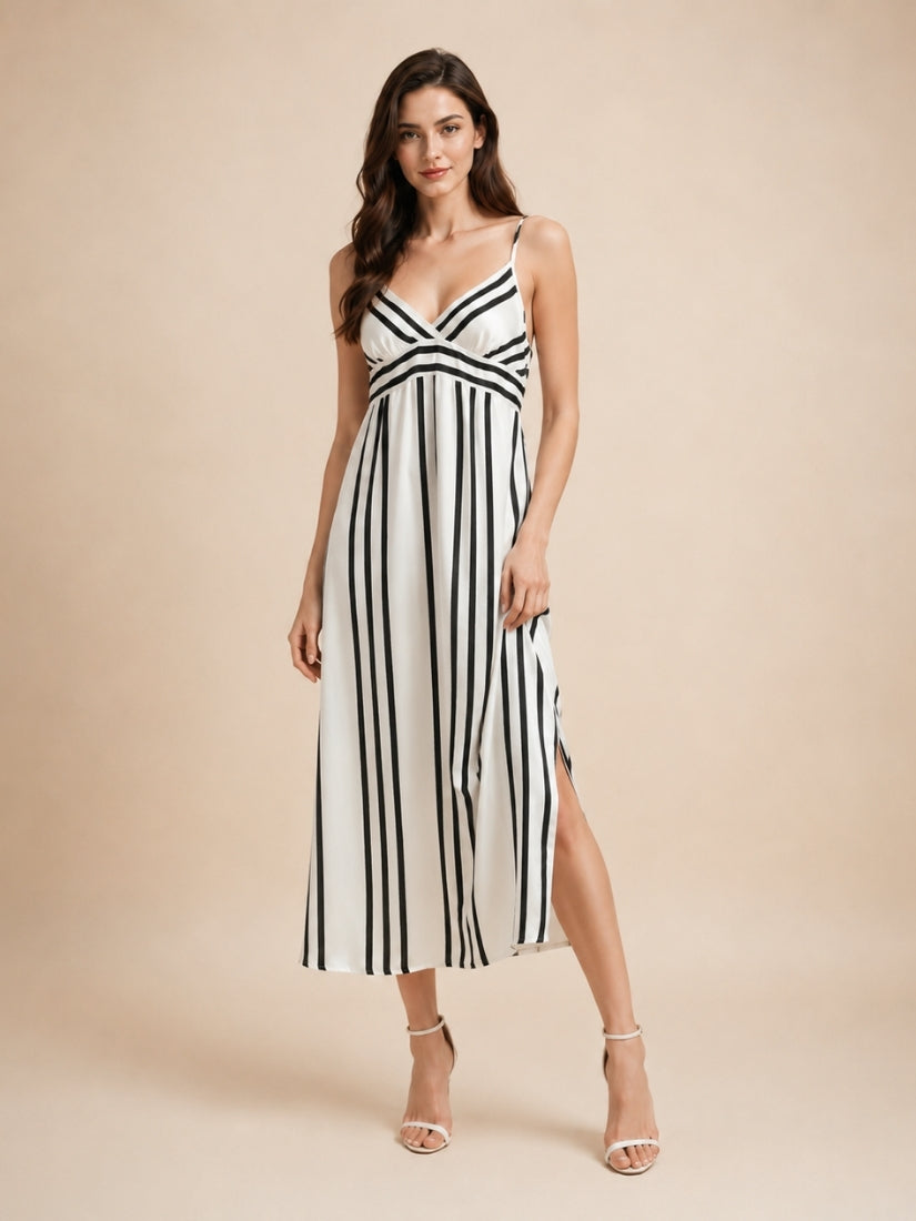 Rose - Black and White Striped Silk Slip Dress | The Silk Avenue