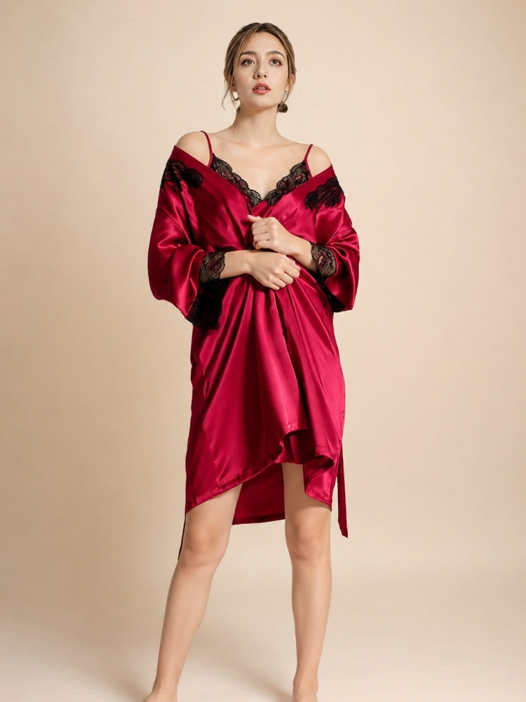 Sarevia - Silk Black Lace Cuff Robe | The Silk Avenue