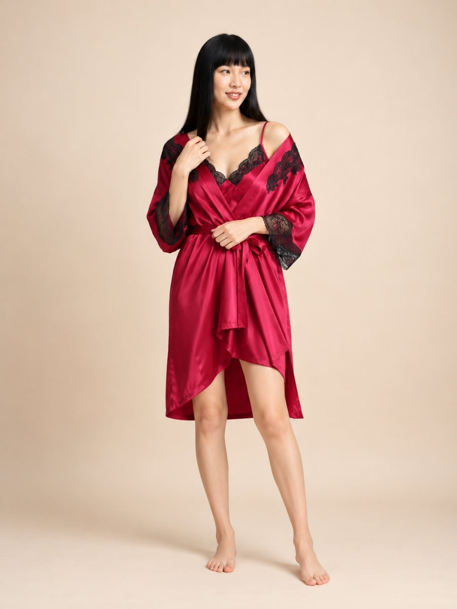 Sarevia - Red Silk Lace Cuff Robe | The Silk Avenue