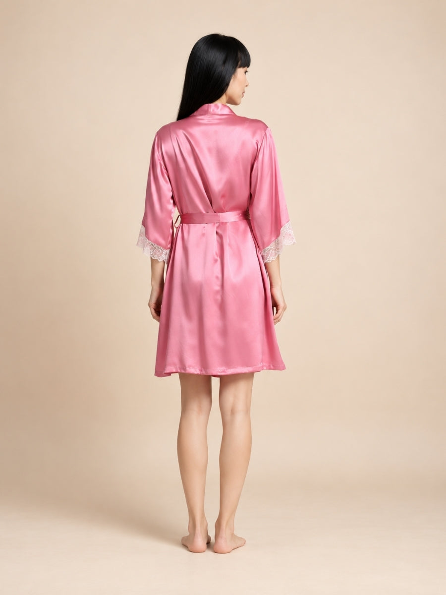 Sarevia - Pink Silk Lace Cuff Robe | The Silk Avenue