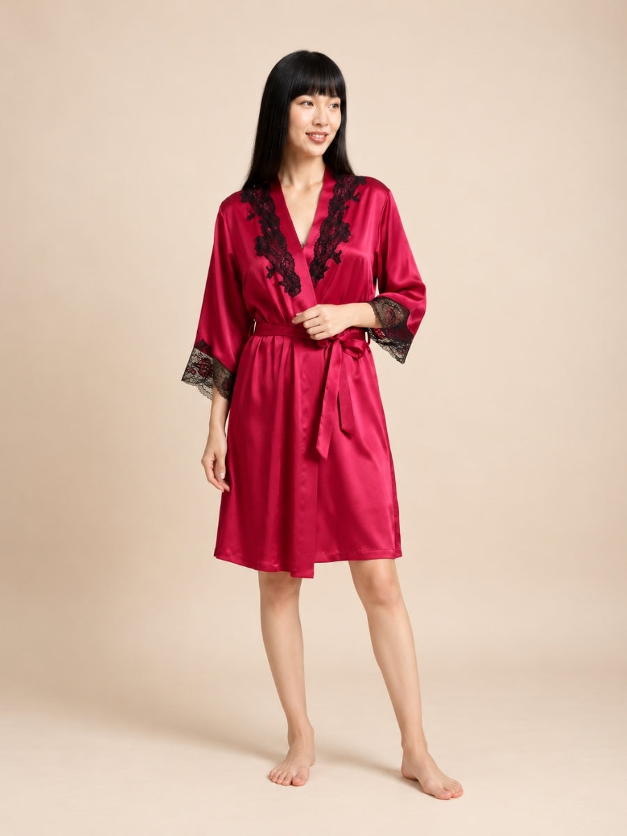 Sarevia - Red Silk Lace Cuff Robe | The Silk Avenue