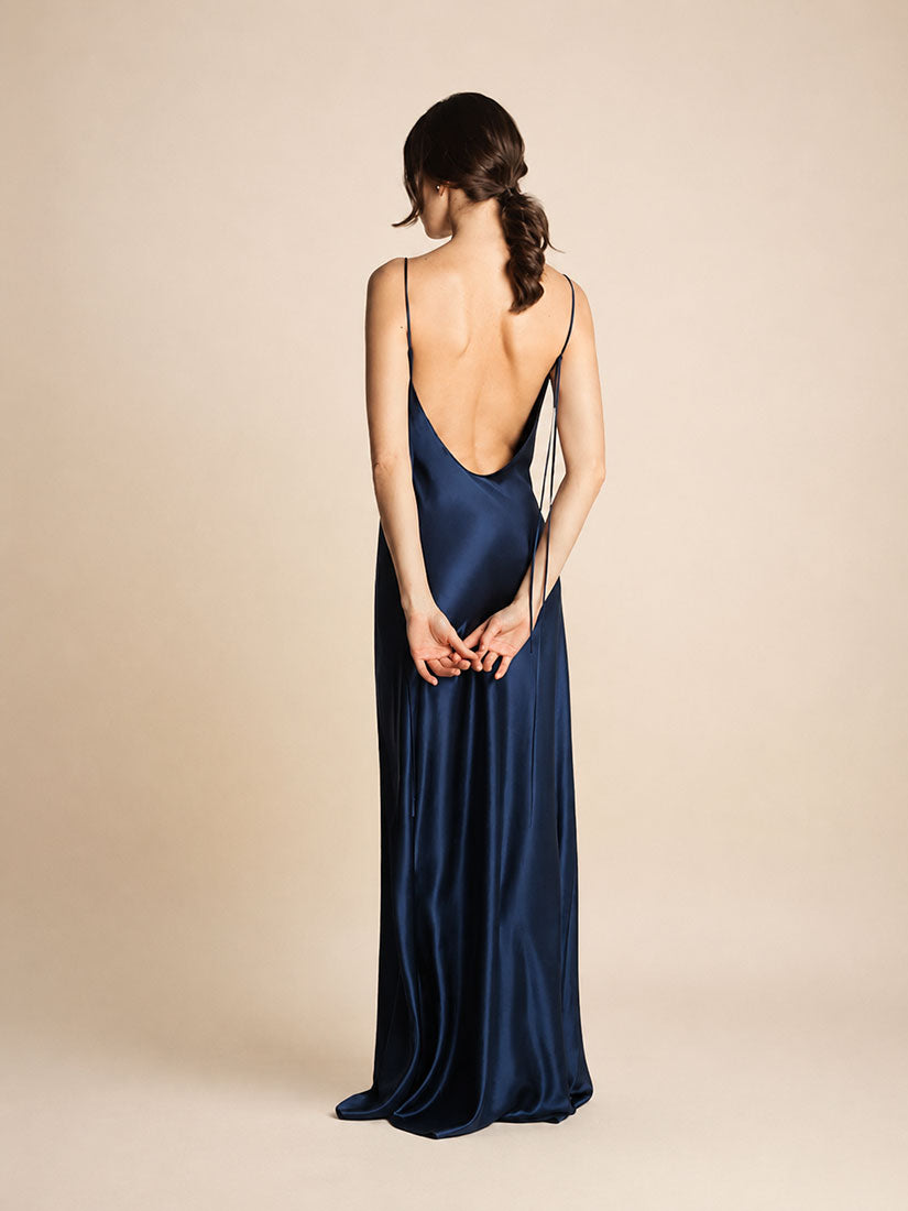 Senira - Navy Spaghetti Strap Silk Maxi Dress | The Silk Avenue