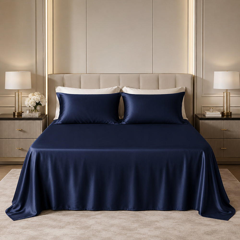 Sky - Navy Silk Flat Sheet | The Silk Avenue