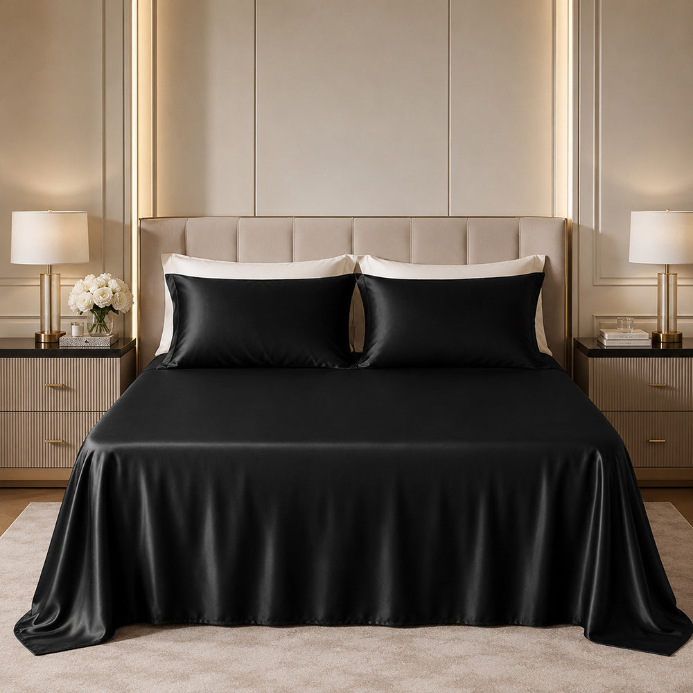 Sky - Black Silk Flat Sheet | The Silk Avenue
