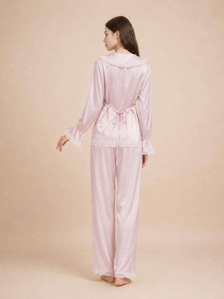 Syllara - Blush Pink Lace Trim Silk Pajama Set | The Silk Avenue