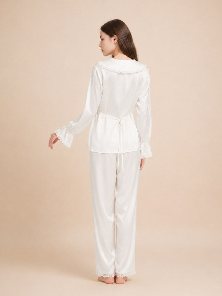 Syllara - White Lace Trim Silk Pajama Set | The Silk Avenue