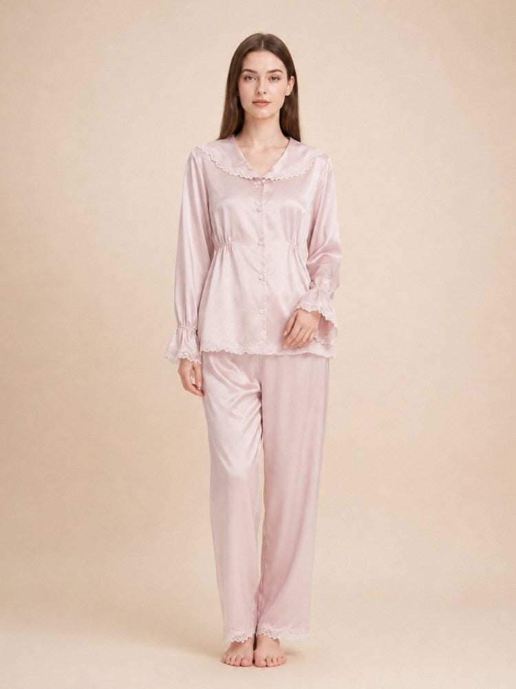 Syllara - Blush Pink Lace Trim Silk Pajama Set | The Silk Avenue