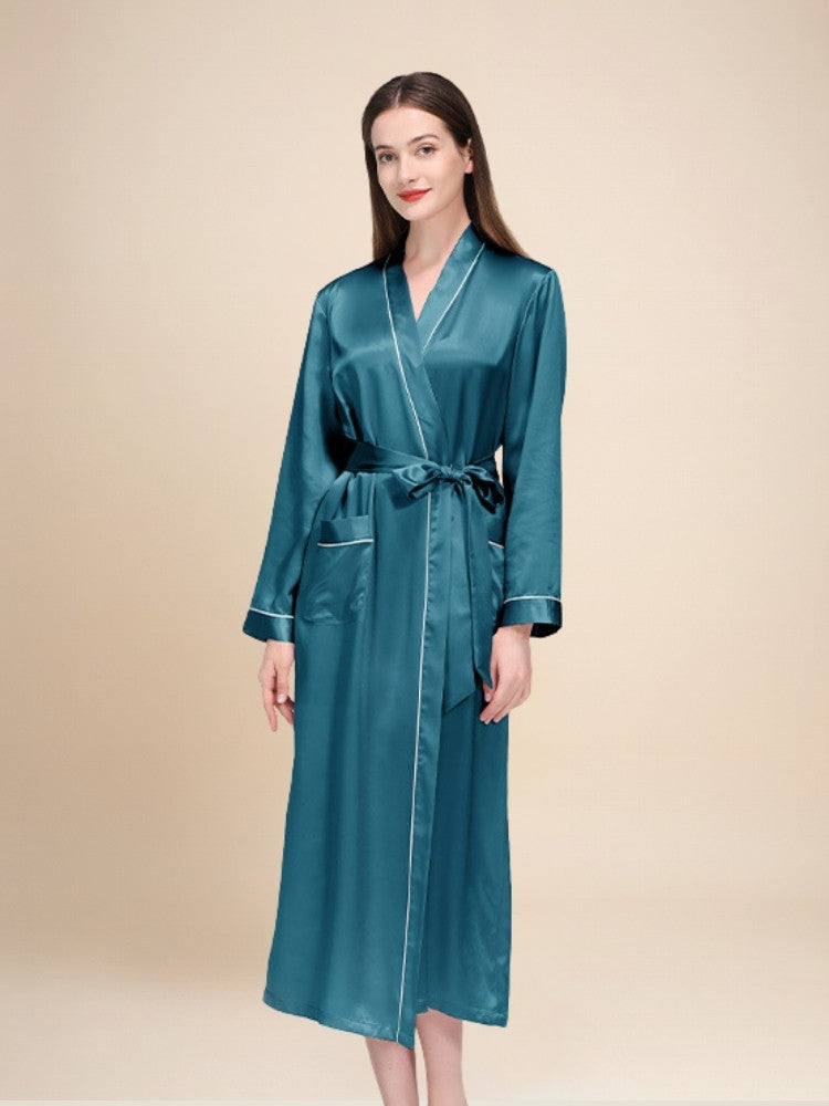 Taisia - Silk Piping Trim Long Robe | The Silk Avenue