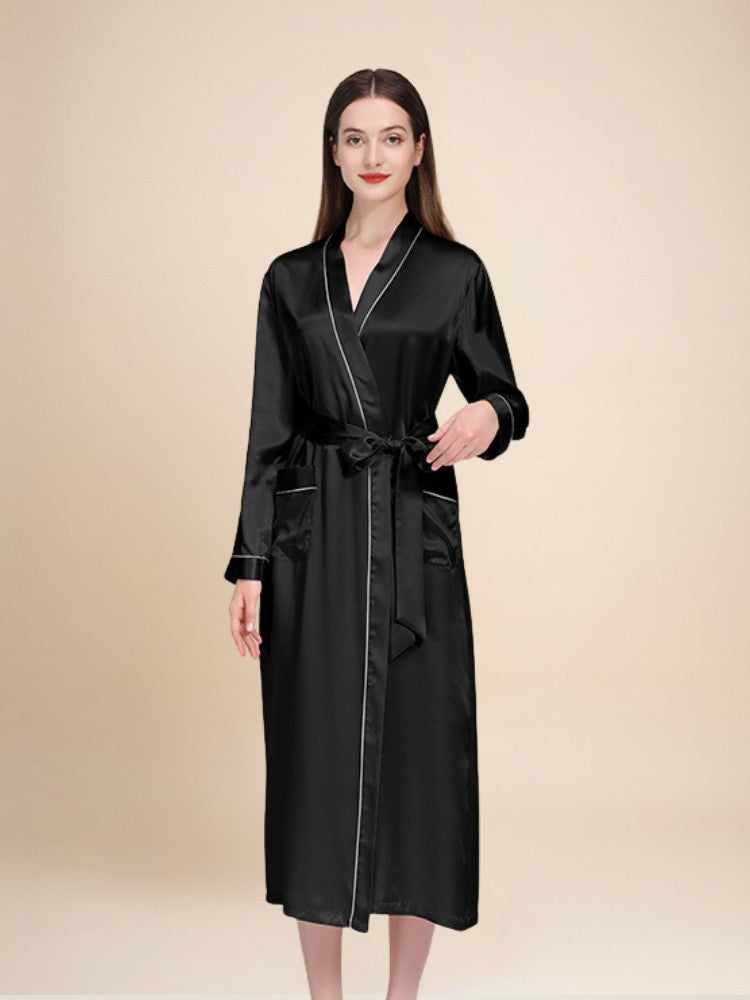 Taisia - Silk Piping Trim Long Robe | The Silk Avenue