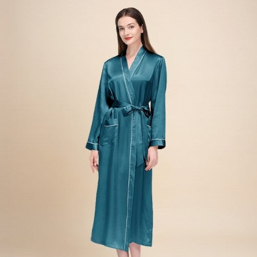Taisia - Silk Piping Trim Long Robe | The Silk Avenue