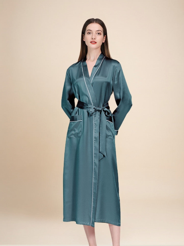 Taisia - Silk Piping Trim Long Robe | The Silk Avenue