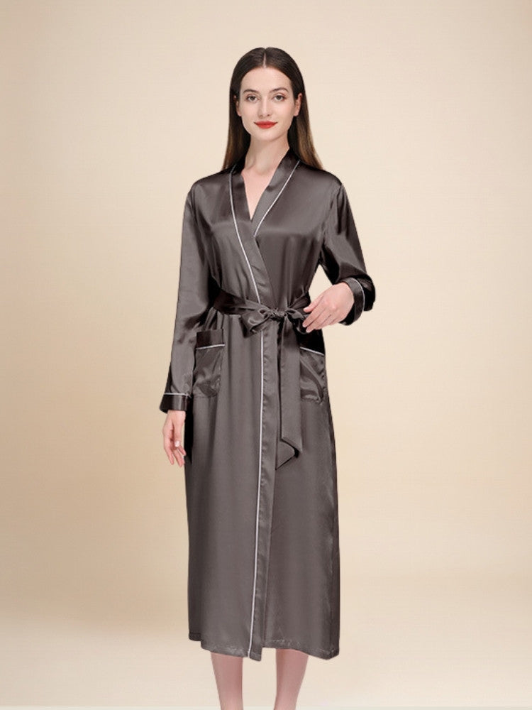 Taisia - Silk Piping Trim Long Robe | The Silk Avenue