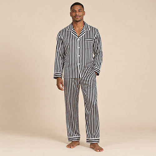 Thelian - Black and White Striped Silk Pajama Set | The Silk Avenue
