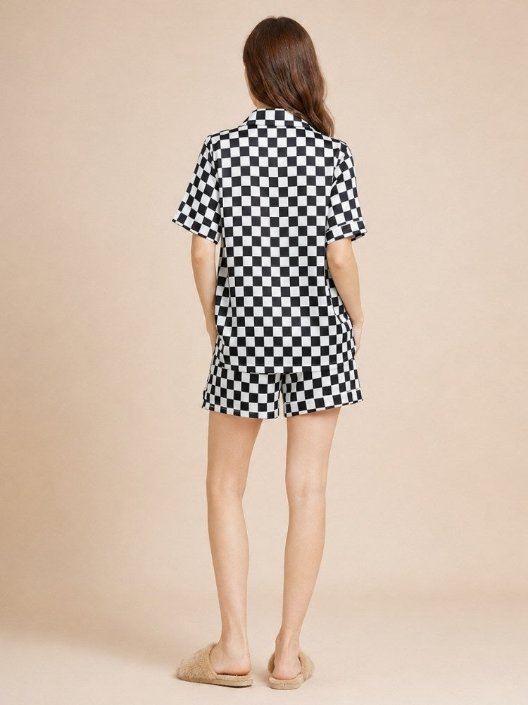 Ulissa - Black Checkered Short Silk Pajama Set | The Silk Avenue