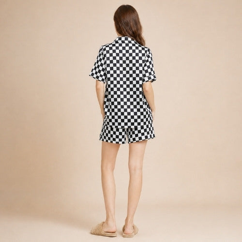 Ulissa - Black Checkered Short Silk Pajama Set | The Silk Avenue