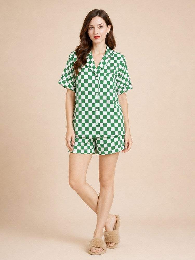 Ulissa - Green Checkered Short Silk Pajama Set | The Silk Avenue