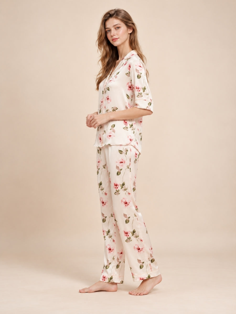 Veliane - Ivory Floral Silk Pajama Set | The Silk Avenue