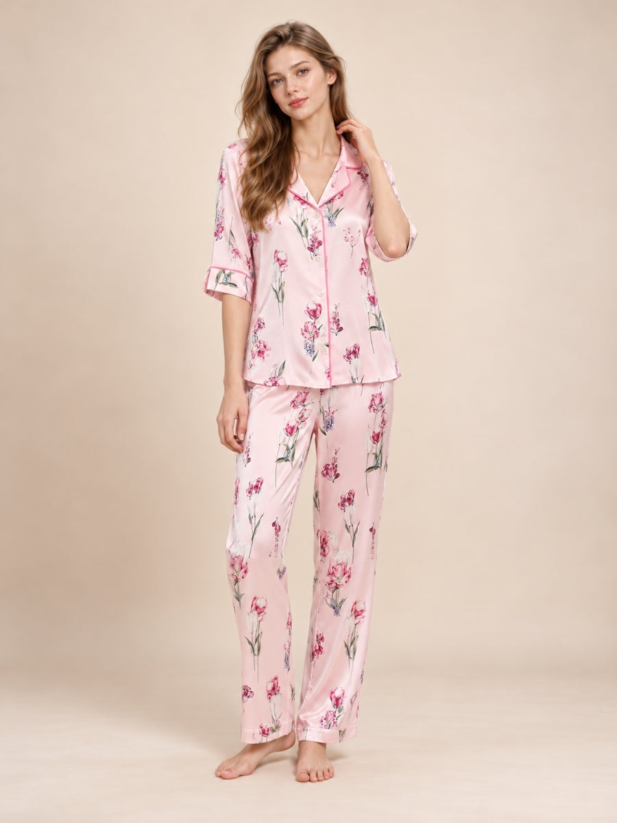 Veliane - Pink Floral Silk Pajama Set | The Silk Avenue