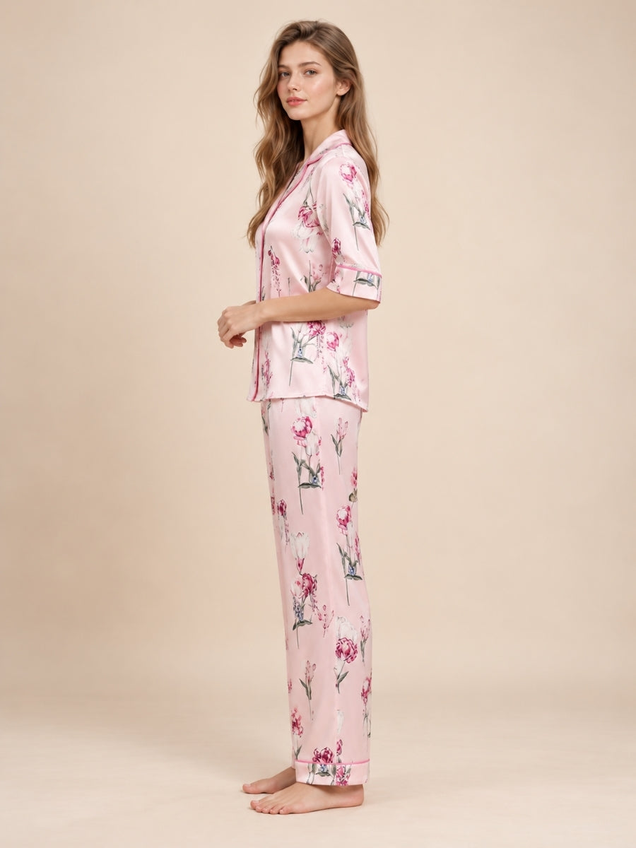 Veliane - Pink Floral Silk Pajama Set | The Silk Avenue