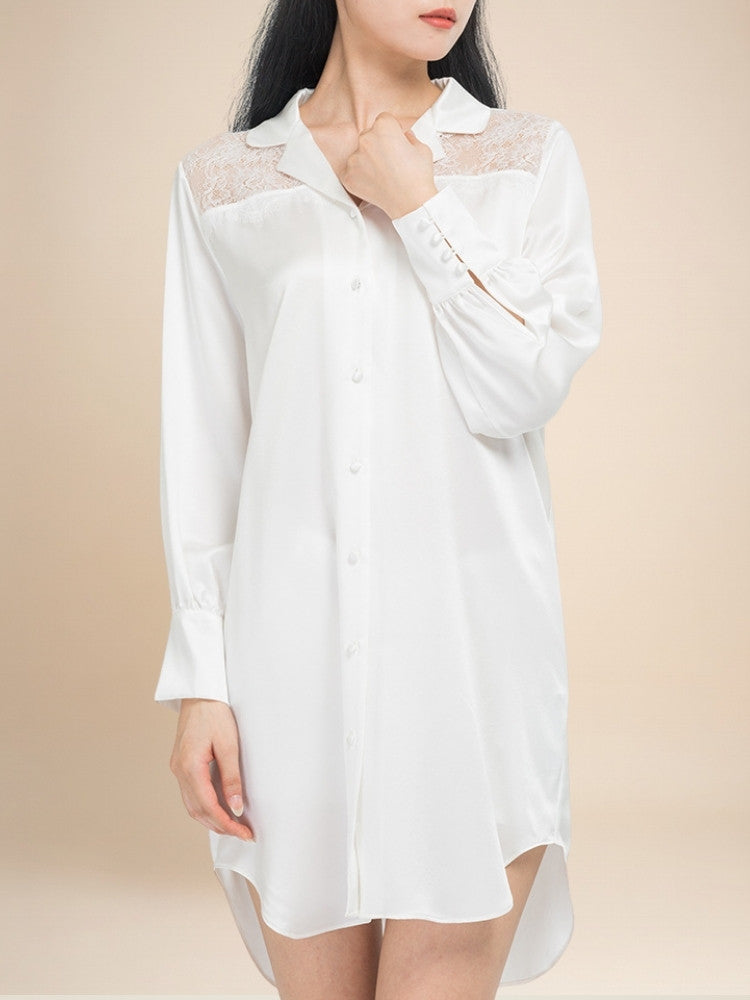 Virelle - Lace Panel Silk Shirt Dress | The Silk Avenue