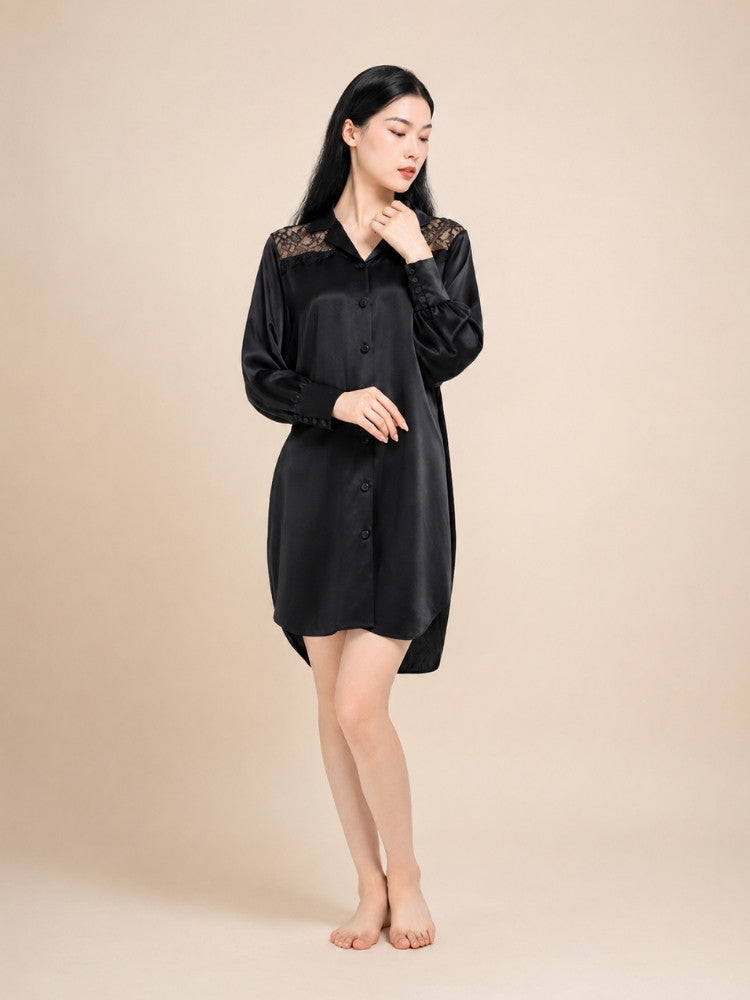 Virelle - Lace Panel Silk Shirt Dress | The Silk Avenue