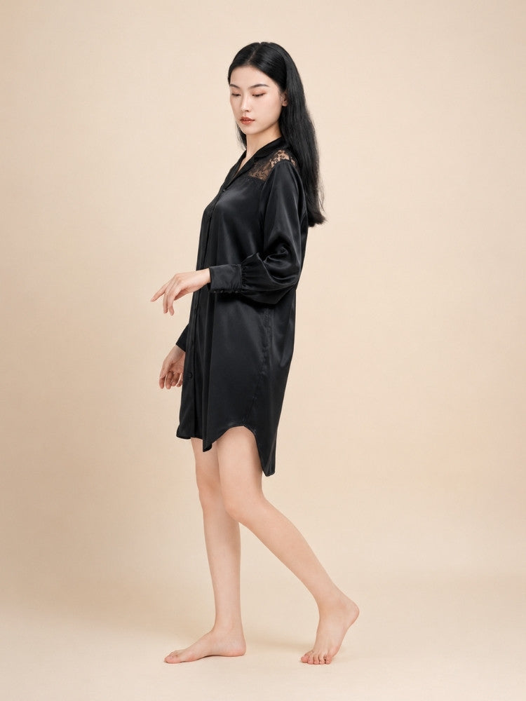 Virelle - Lace Panel Silk Shirt Dress | The Silk Avenue
