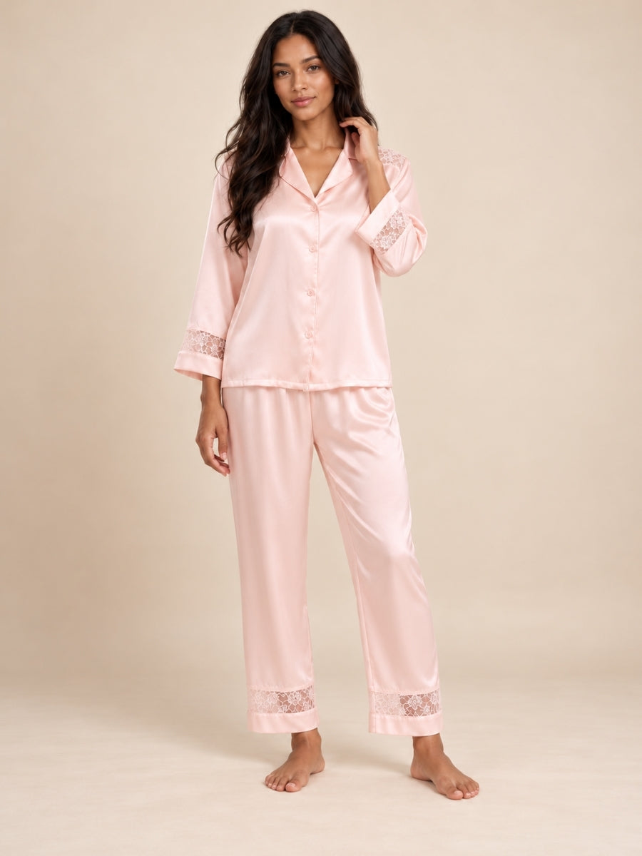 Ysenda - Pink Silk Lace Pajama Set | The Silk Avenue