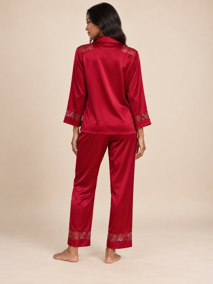 Ysenda - Red Silk Lace Pajama Set | The Silk Avenue
