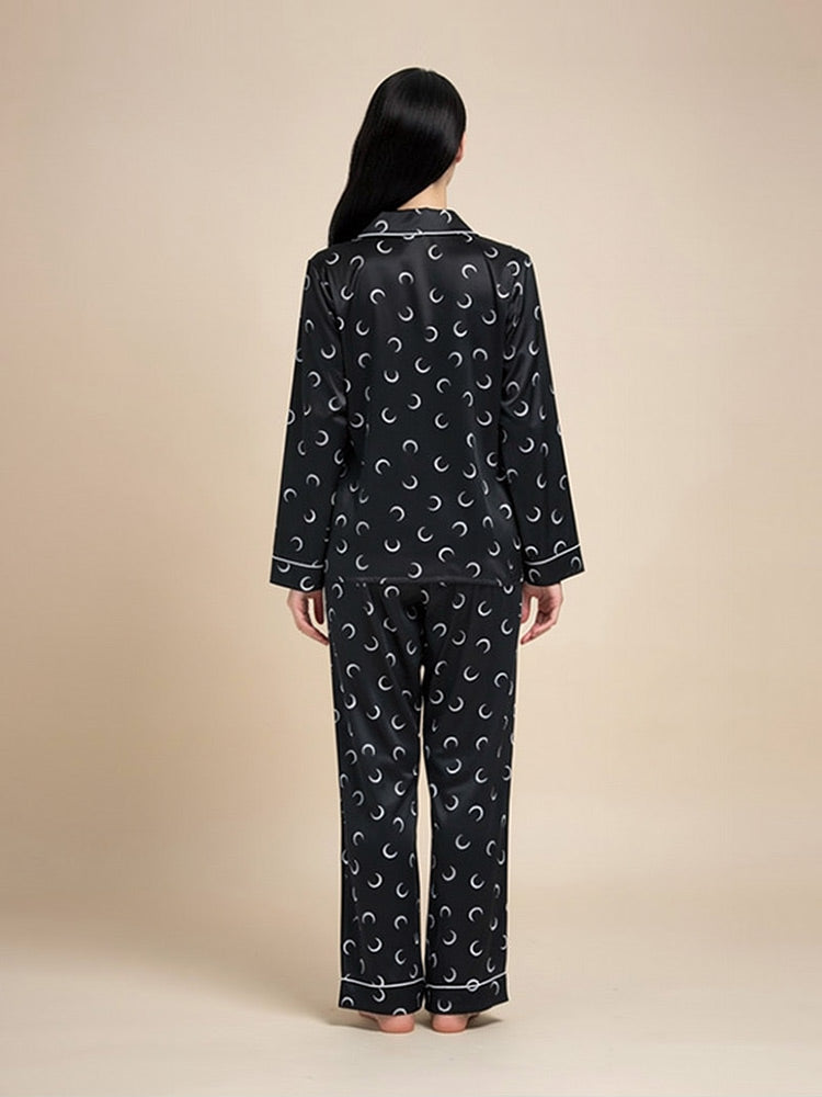 Zaryssa Long Sleeve Moon Print Silk Pajama Set | The Silk Avenue