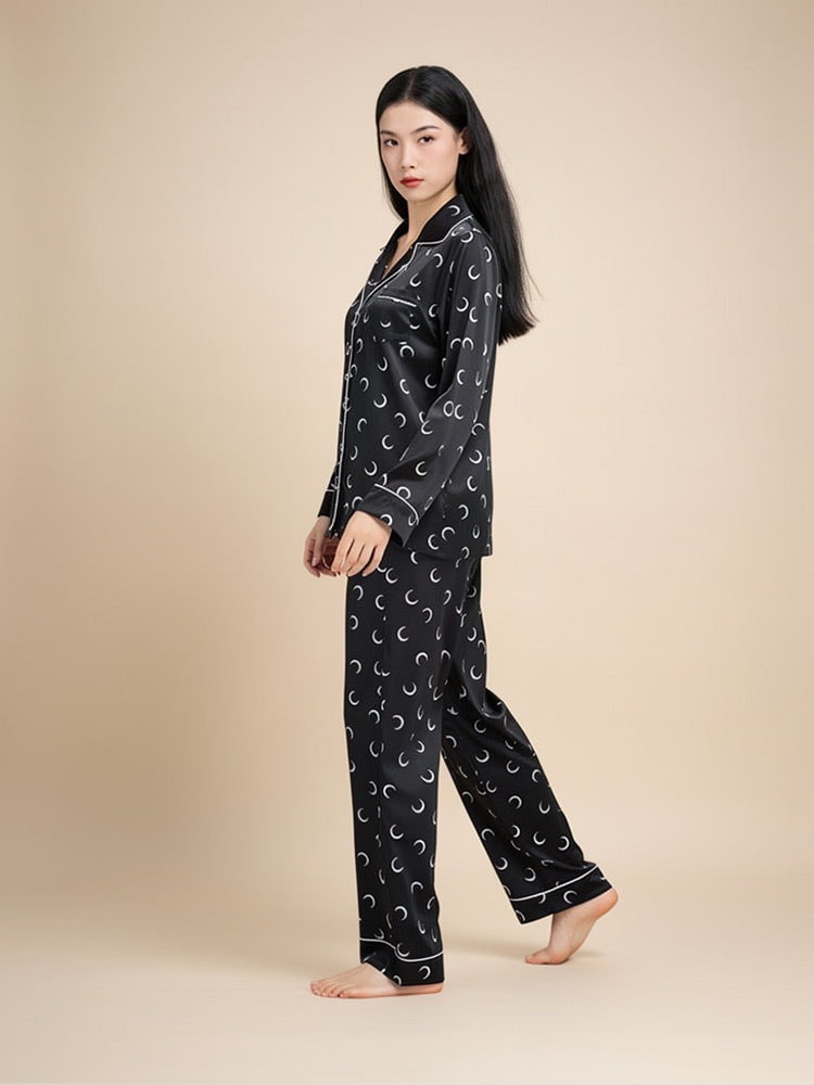 Zaryssa Long Sleeve Moon Print Silk Pajama Set | The Silk Avenue