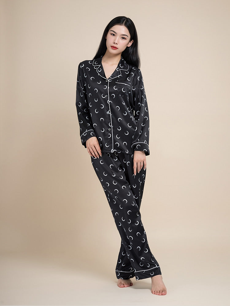 Zaryssa Long Sleeve Moon Print Silk Pajama Set | The Silk Avenue