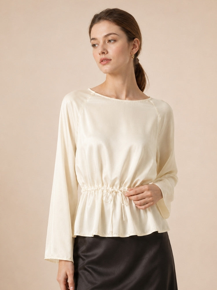 Virellea - Ivory Drawstring Silk Blouse | The Silk Avenue