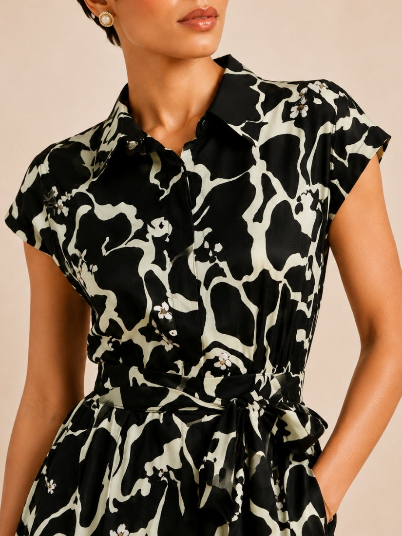 Laurel - Botanical Print Silk Midi Dress Black | The Silk Avenue