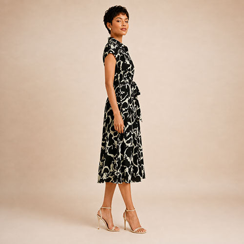 Laurel - Botanical Print Silk Midi Dress Black | The Silk Avenue