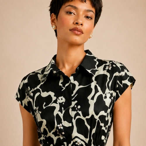Laurel - Botanical Print Silk Midi Dress Black | The Silk Avenue