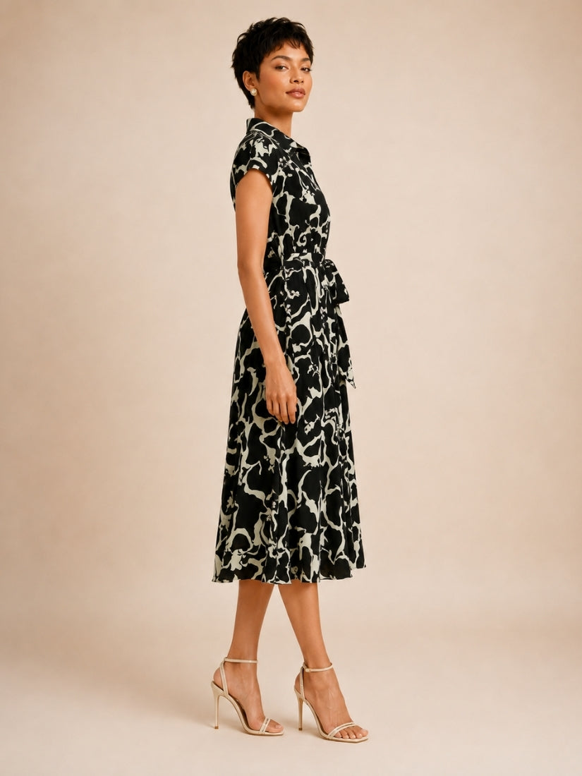 Laurel - Botanical Print Silk Midi Dress Black | The Silk Avenue