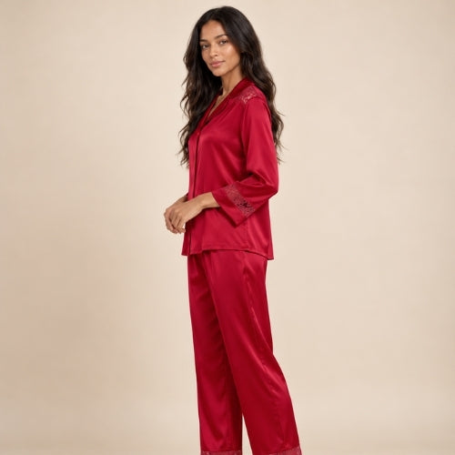 Ysenda - Red Silk Lace Pajama Set | The Silk Avenue