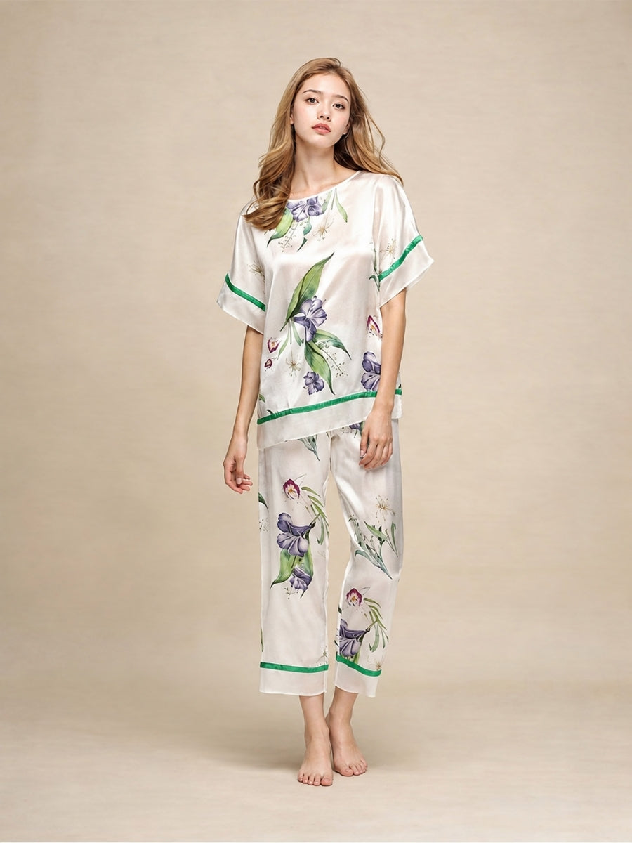 Zoraya - Floral Print Floral Silk Pajama Set | The Silk Avenue