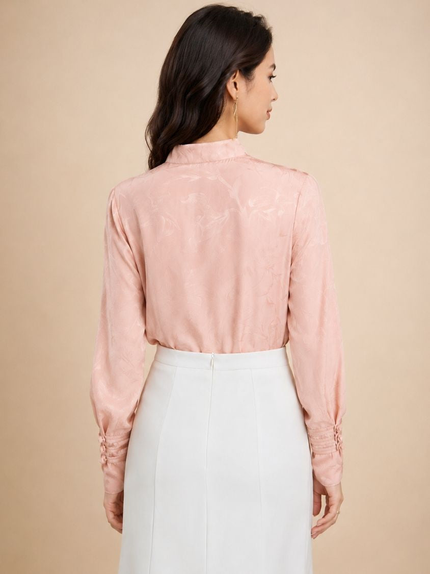 Abigail - Pink Jacquard Silk Blouse | The Silk Avenue